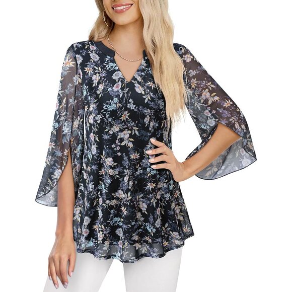 👑 Women Black Floral Lose Fit 3/4 Sleeve V Neck Double Layers Stretch Tunic Top